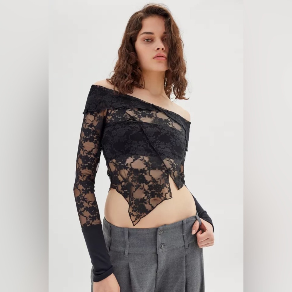 UO Amarillis Sheer Lace Off-The-Shoulder Top